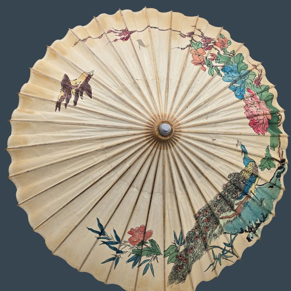 Vintage Asian Paper Parasol With Peacock & Floral Design